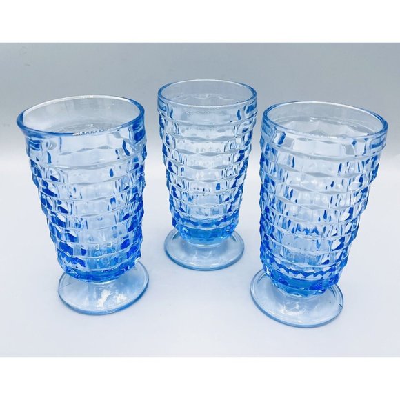 Indiana Glass Other - 3 Vintage Indiana Whitehall Colony Blue Cubist Cube Iced Tea Footed Glasses